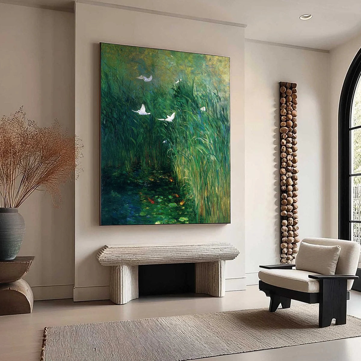 EMERALD FLIGHT: Vibrant Nature Painting of Birds Over a Serene Pond | green palette, original Hand-painted on premium stretched canvas using artist-grade oils; rich layered surface combines smooth ...