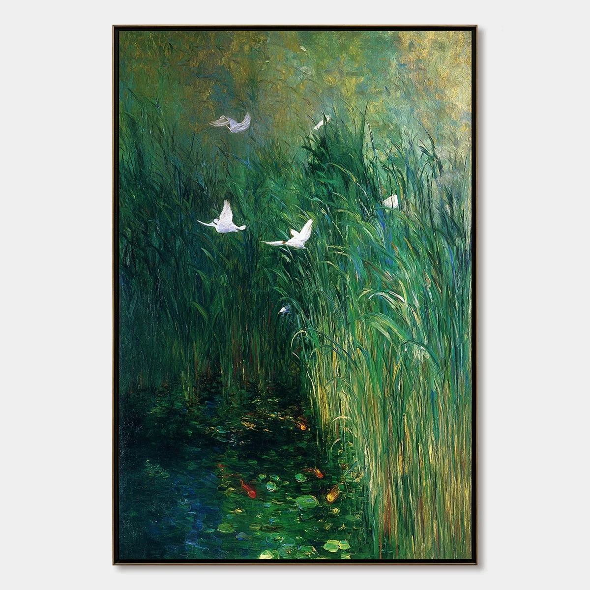 EMERALD FLIGHT: Vibrant Nature Painting of Birds Over a Serene Pond | hanging in EMERALD FLIGHT: Vibrant Nature Painting of Birds Over a Serene Pond featuring layered textured brushwork in refined ...