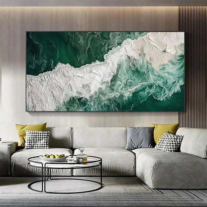 EMERALD FLOW: Abstract Ocean Painting, Horizontal Wall Art | Abstract closeup, raised brushwork detail