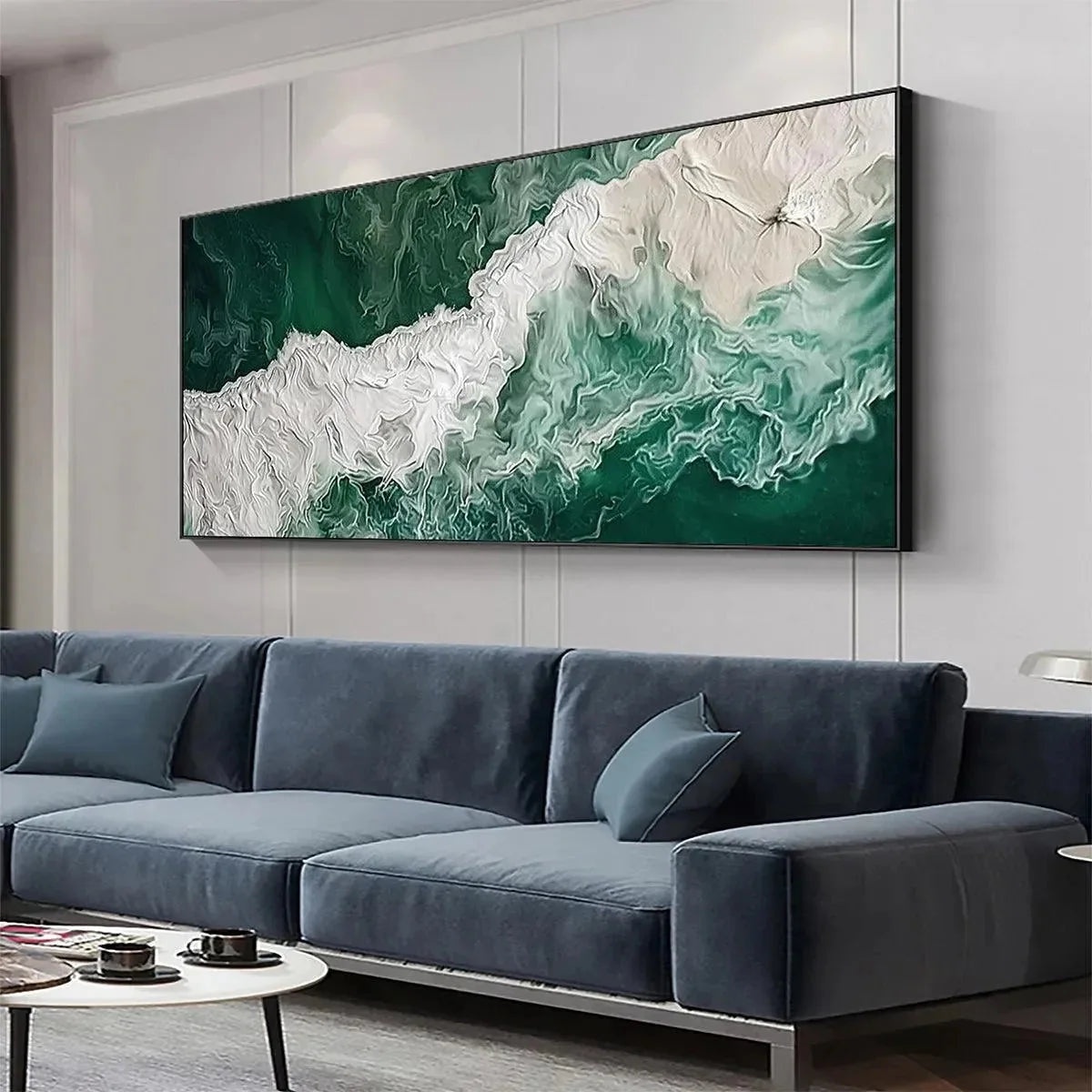EMERALD FLOW: Abstract Ocean Painting, Horizontal Wall Art | gold frame stretched on neutral wall