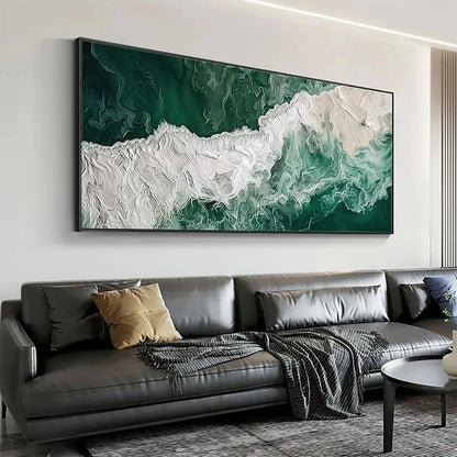EMERALD FLOW: Abstract Ocean Painting, Horizontal Wall Art | black frame version on white wall
