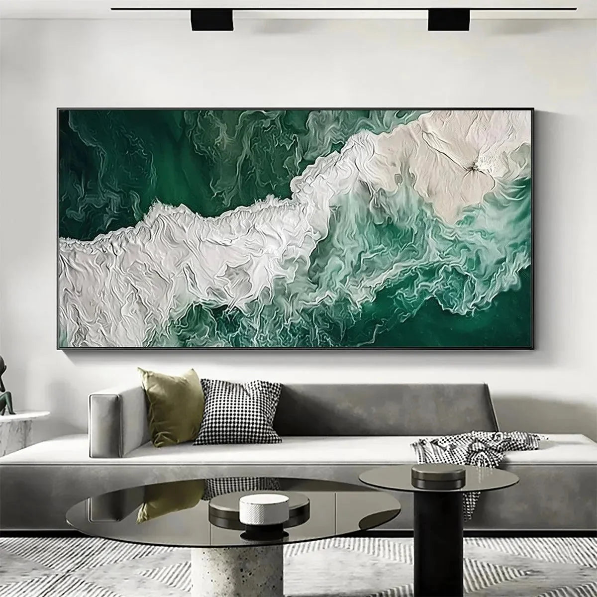 EMERALD FLOW: Abstract Ocean Painting, Horizontal Wall Art | green palette, original Hand-painted on premium stretched canvas using artist-grade oils; rich layered surface combines smooth gradients...