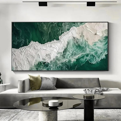 EMERALD FLOW: Abstract Ocean Painting, Horizontal Wall Art | green palette, original Hand-painted on premium stretched canvas using artist-grade oils; rich layered surface combines smooth gradients...