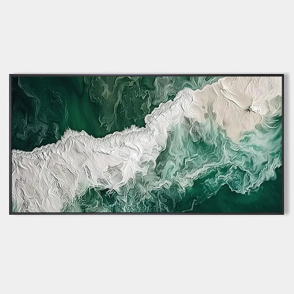 EMERALD FLOW: Abstract Ocean Painting, Horizontal Wall Art | hanging in EMERALD FLOW: Abstract Ocean Painting, Horizontal Wall Art featuring layered textured brushwork in refined tones; abstract co...