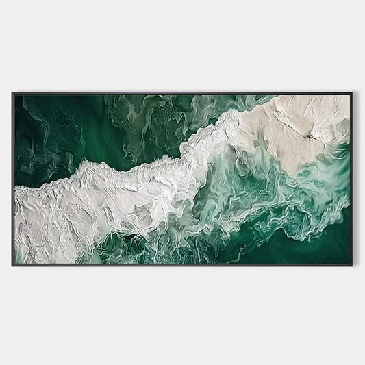 EMERALD FLOW: Abstract Ocean Painting, Horizontal Wall Art | hanging in EMERALD FLOW: Abstract Ocean Painting, Horizontal Wall Art featuring layered textured brushwork in refined tones; abstract co...
