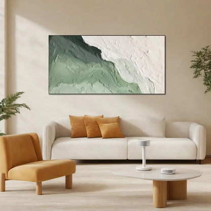 EMERALD FLOW: Textured Abstract Green and White Oil Painting | Abstract closeup, raised brushwork detail