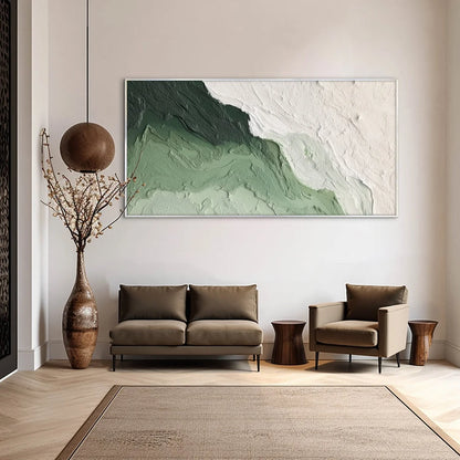 EMERALD FLOW: Textured Abstract Green and White Oil Painting | black frame version on white wall