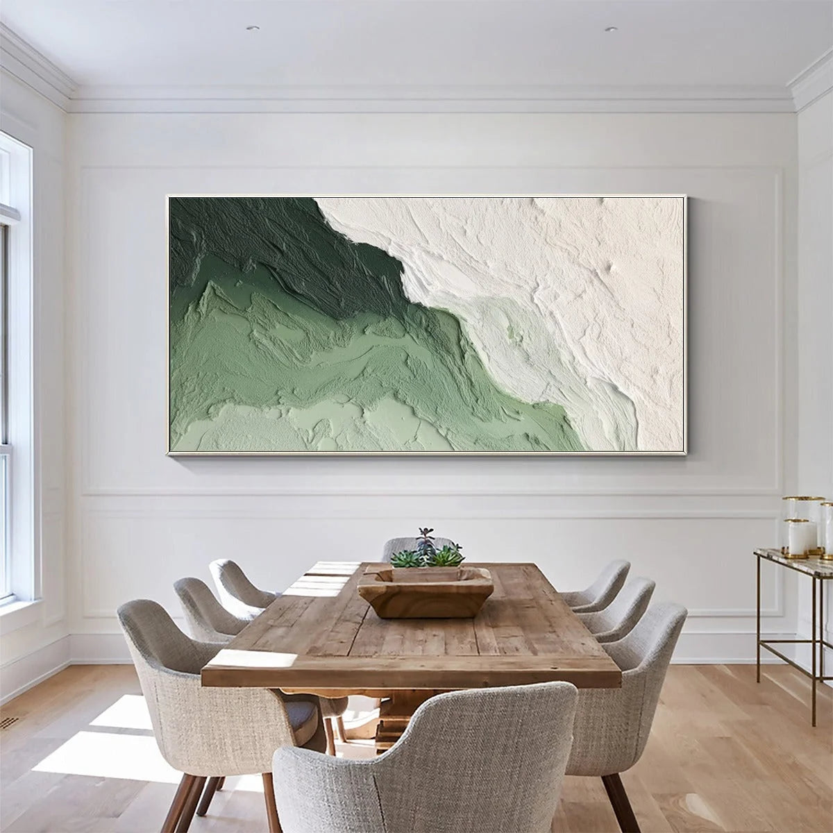 EMERALD FLOW: Textured Abstract Green and White Oil Painting | Abstract mood, soft natural light studio shot