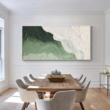 EMERALD FLOW: Textured Abstract Green and White Oil Painting | Abstract mood, soft natural light studio shot
