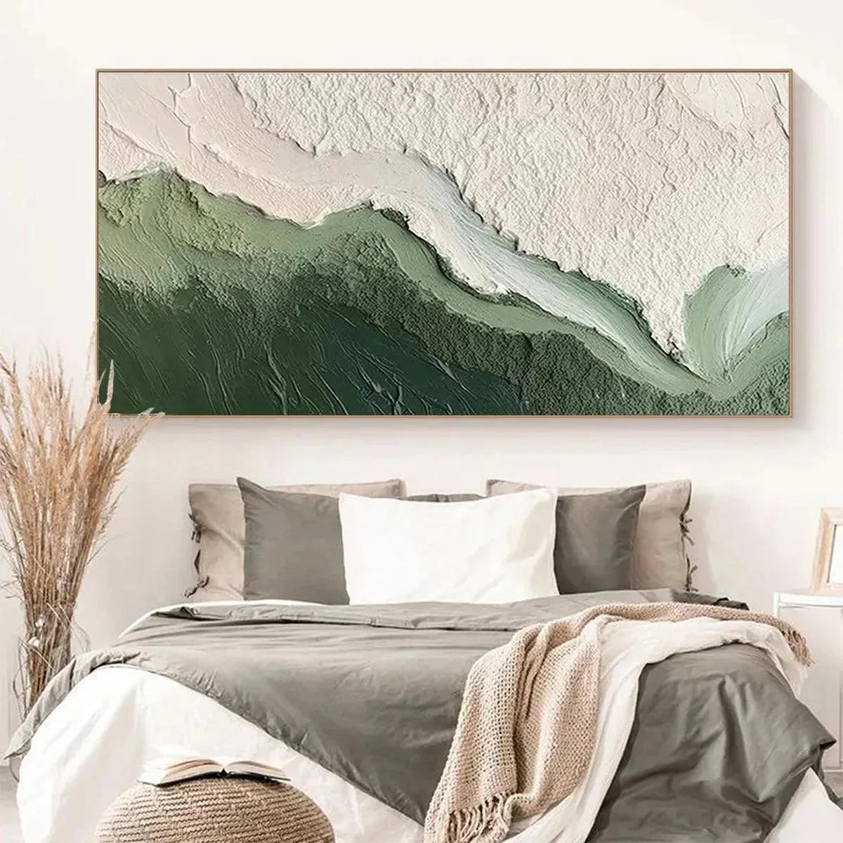 EMERALD FLOW: Textured Abstract Landscape Painting, Green and White Wall Art, Panoramic Canvas, Nature-Inspired Decor | Landscape closeup, raised brushwork detail