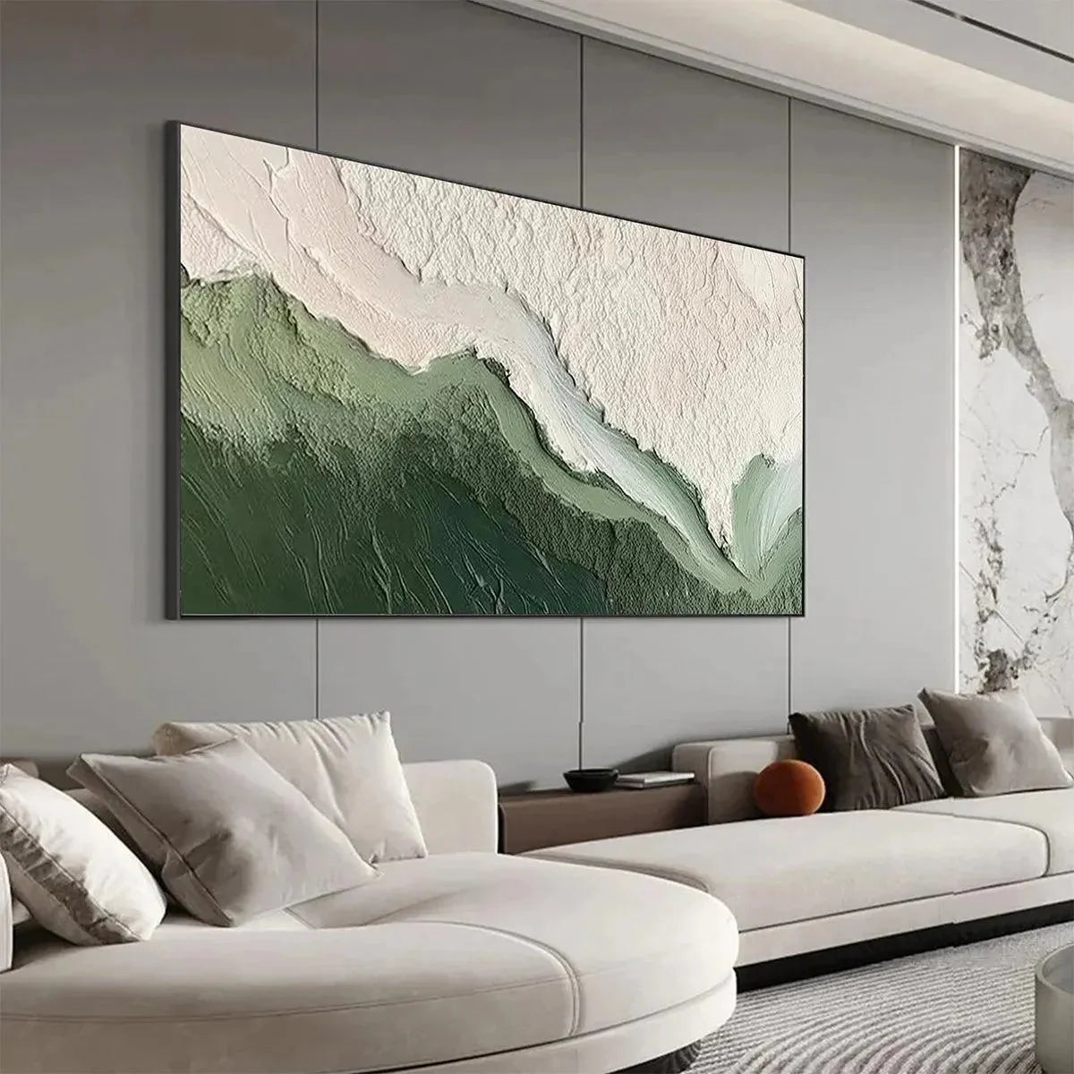 EMERALD FLOW: Textured Abstract Landscape Painting, Green and White Wall Art, Panoramic Canvas, Nature-Inspired Decor | gold frame stretched on neutral wall