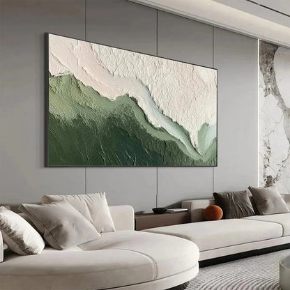 EMERALD FLOW: Textured Abstract Landscape Painting, Green and White Wall Art, Panoramic Canvas, Nature-Inspired Decor | gold frame stretched on neutral wall
