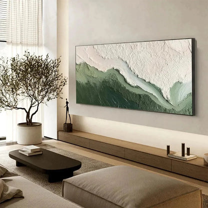 EMERALD FLOW: Textured Abstract Landscape Painting, Green and White Wall Art, Panoramic Canvas, Nature-Inspired Decor | rolled canvas, ready for custom framing