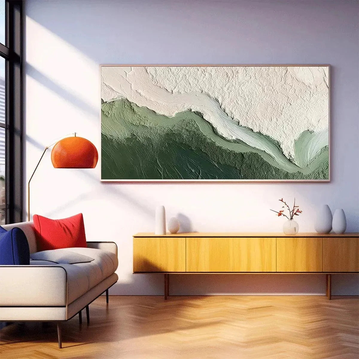 EMERALD FLOW: Textured Abstract Landscape Painting, Green and White Wall Art, Panoramic Canvas, Nature-Inspired Decor | Landscape mood, soft natural light studio shot