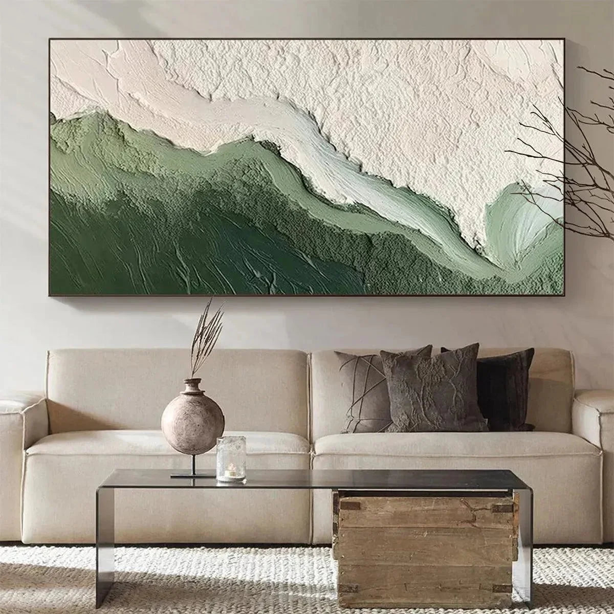 EMERALD FLOW: Textured Abstract Landscape Painting, Green and White Wall Art, Panoramic Canvas, Nature-Inspired Decor | green palette, original oil on stretched canvas art