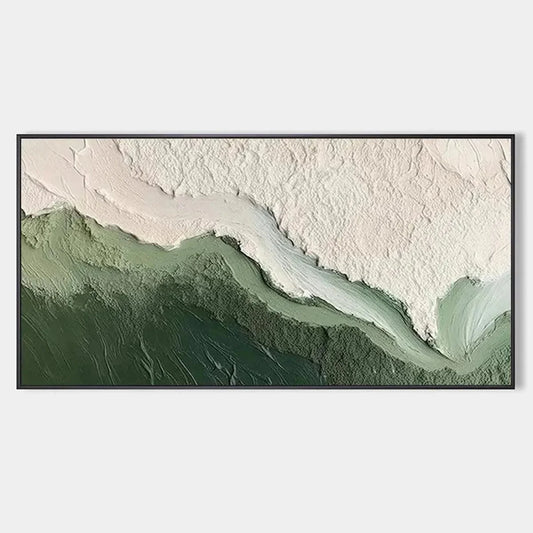 EMERALD FLOW: Textured Abstract Landscape Painting, Green and White Wall Art, Panoramic Canvas, Nature-Inspired Decor | hanging in living room, Landscape wall art