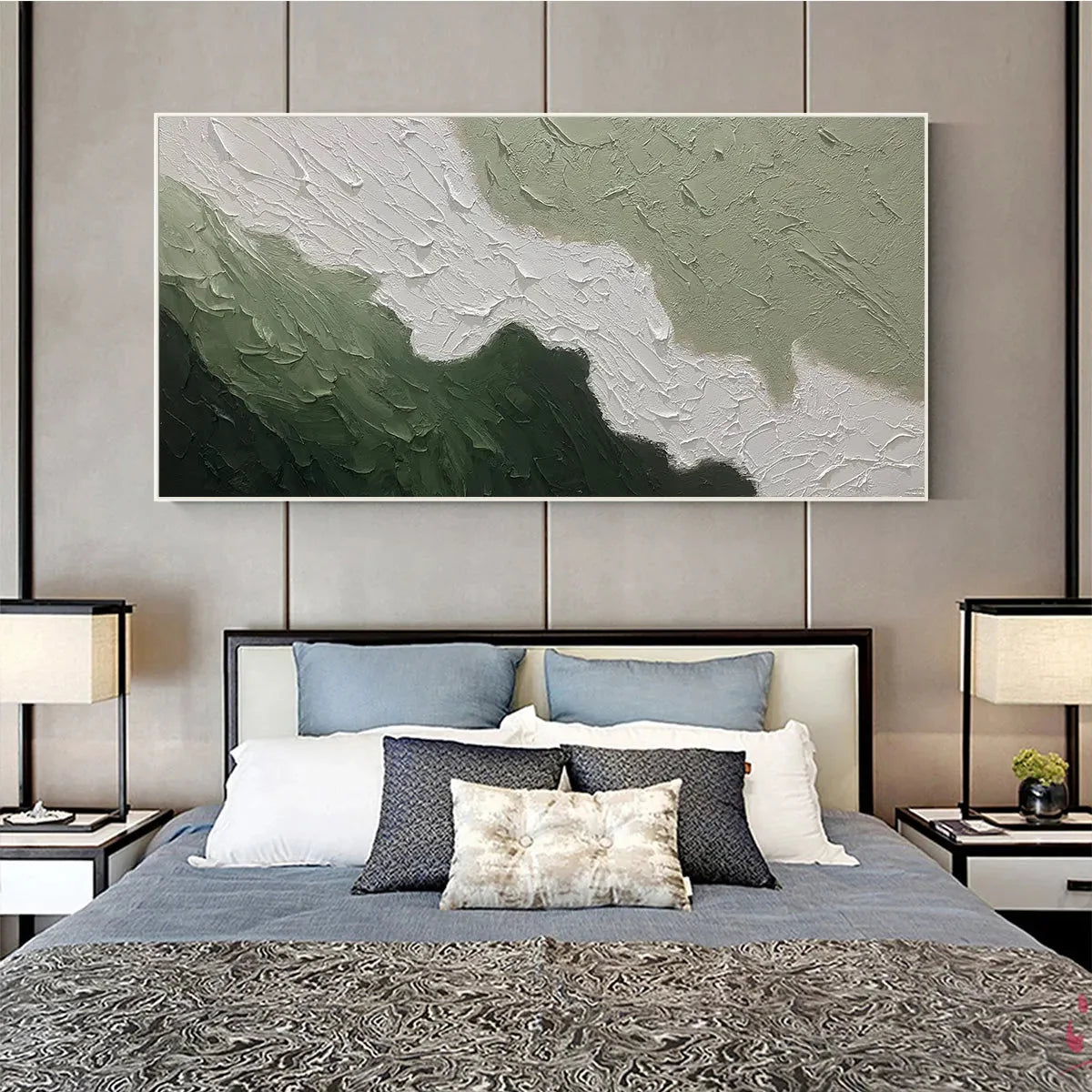 EMERALD FLOW: Textured Abstract Landscape Painting in Greens and White | black frame version on white wall