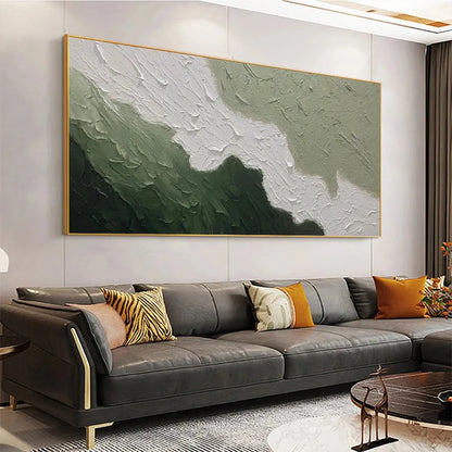 EMERALD FLOW: Textured Abstract Landscape Painting in Greens and White | Abstract mood, soft natural light studio shot