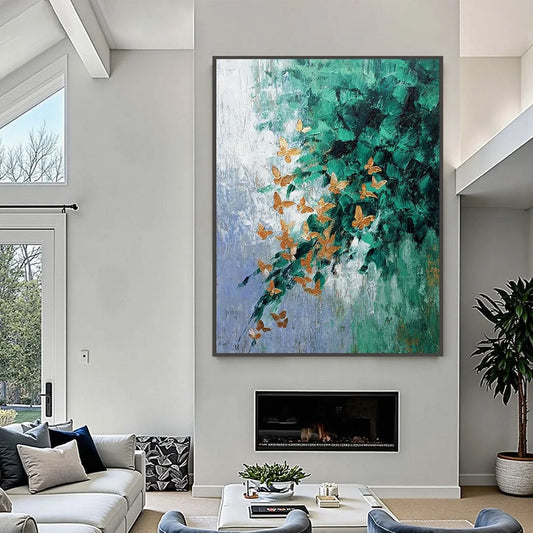 EMERALD FLUTTER: Textured Abstract Butterfly Painting with Golden Accents