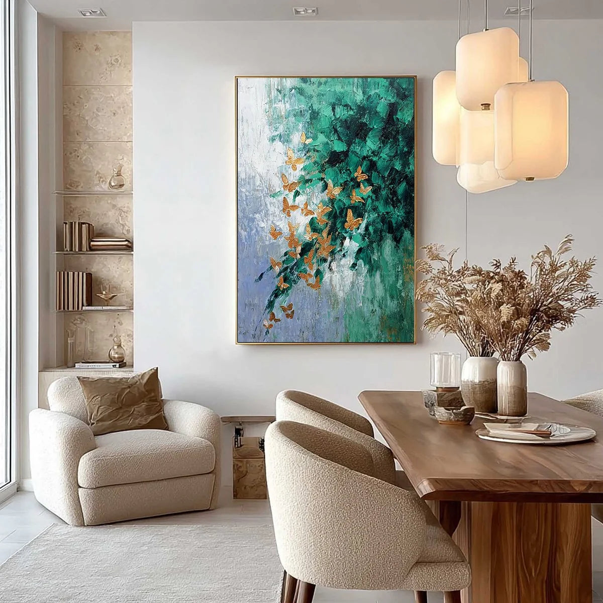 EMERALD FLUTTER | gold frame stretched on neutral wall