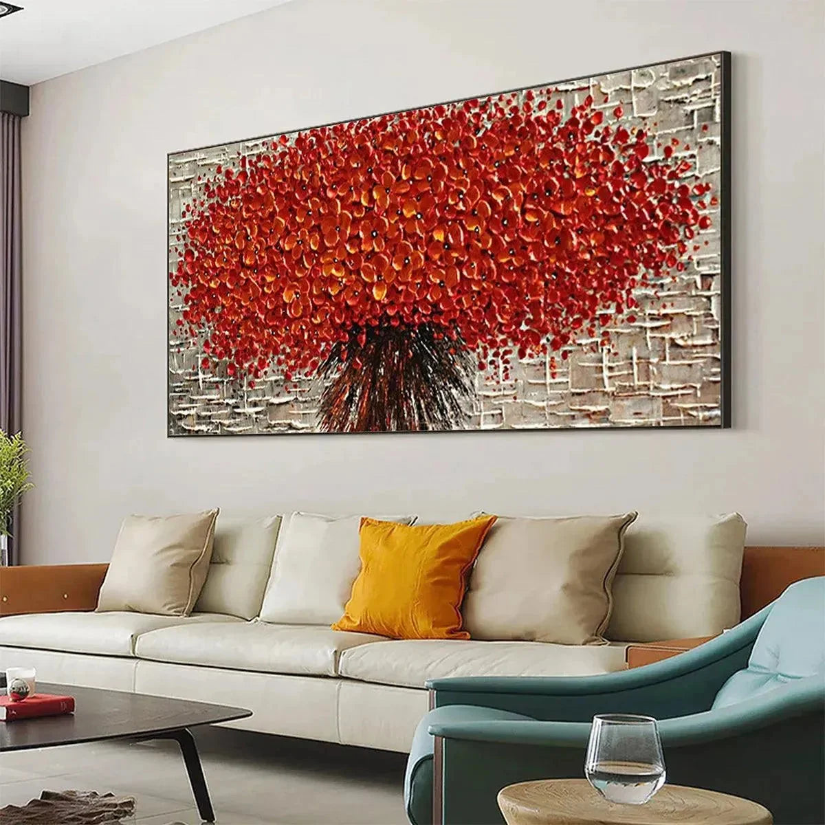 CRIMSON BURST: Textured Impasto Floral Painting in Red | gold frame stretched on neutral wall