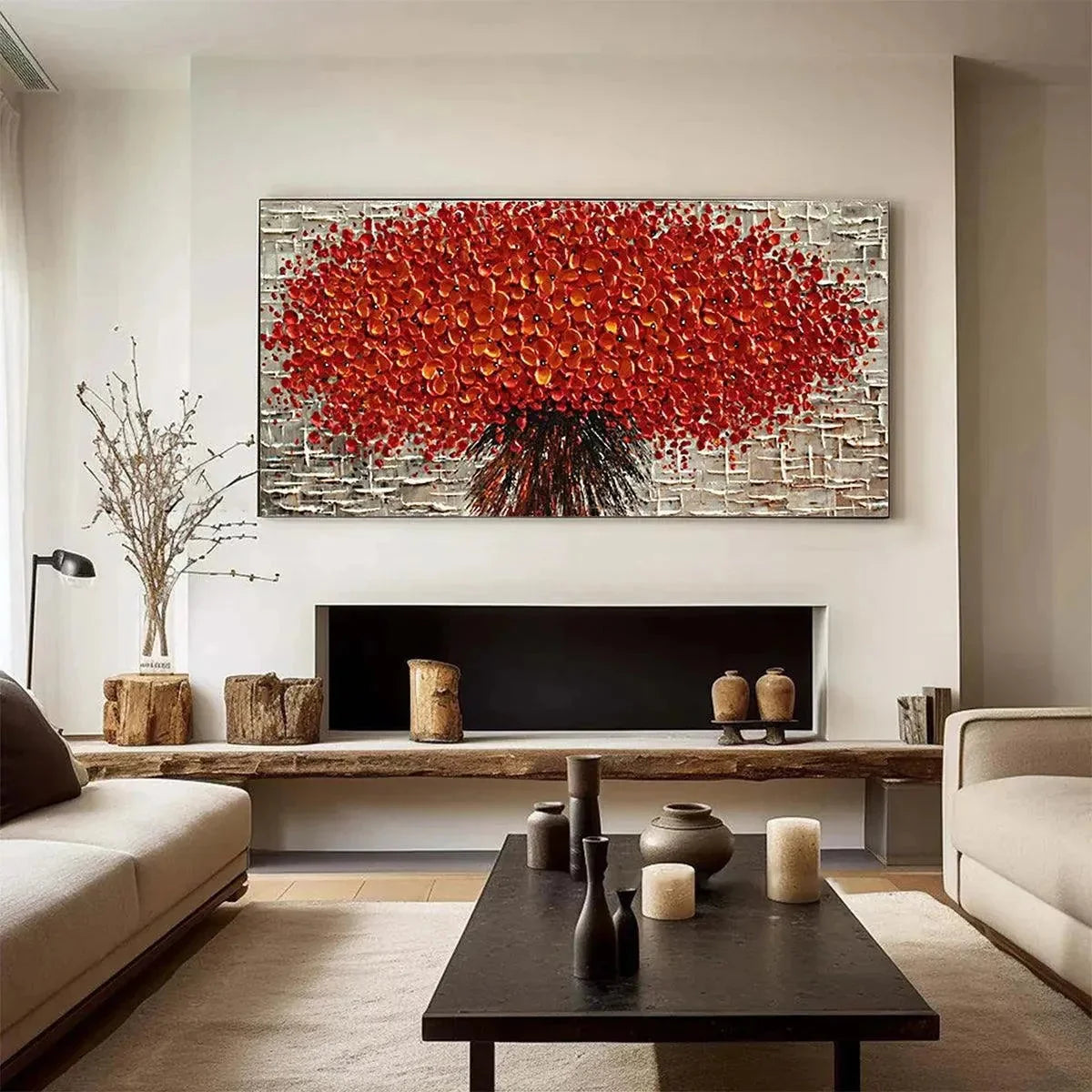 CRIMSON BURST: Textured Impasto Floral Painting in Red | Abstract mood, soft natural light studio shot