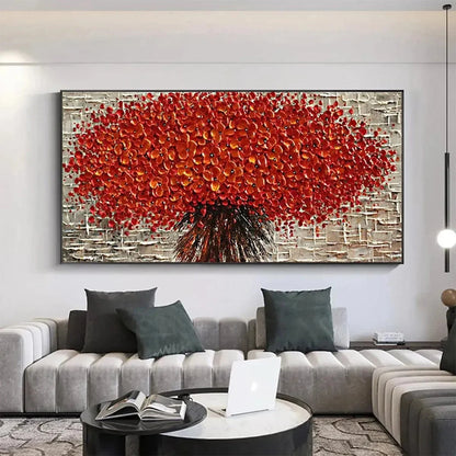 CRIMSON BURST: Textured Impasto Floral Painting in Red | beige palette, original Hand-painted on premium stretched canvas using artist-grade oils; rich layered surface combines smooth gradients wit...