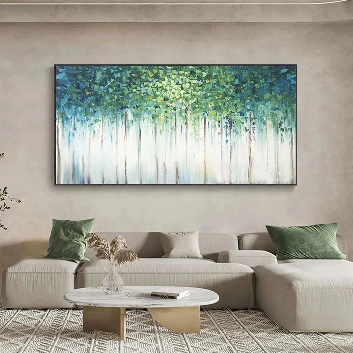 EMERALD FOREST: Abstract Forest Painting in Green and Blue | gold frame stretched on neutral wall