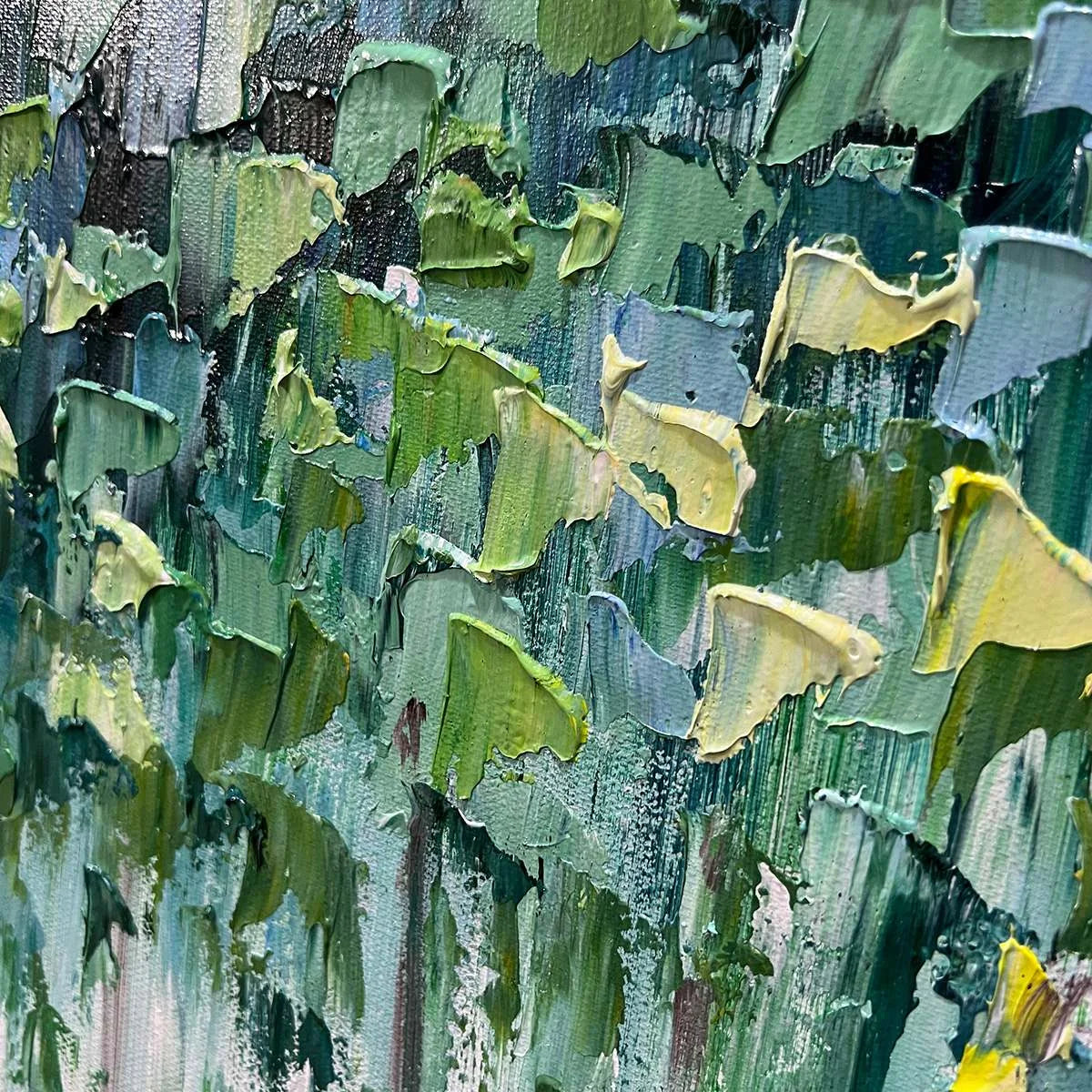 EMERALD FOREST: Abstract Forest Painting in Green and Blue | black frame version on white wall