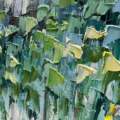 EMERALD FOREST: Abstract Forest Painting in Green and Blue | black frame version on white wall