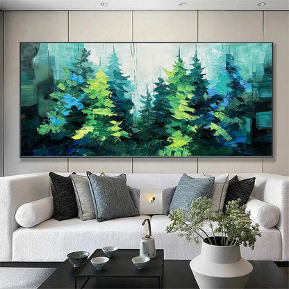 EMERALD FOREST: Panoramic Landscape Painting of an Evergreen Forest, Textured Impasto, Modern Wall Art, Green | Landscape closeup, raised brushwork detail