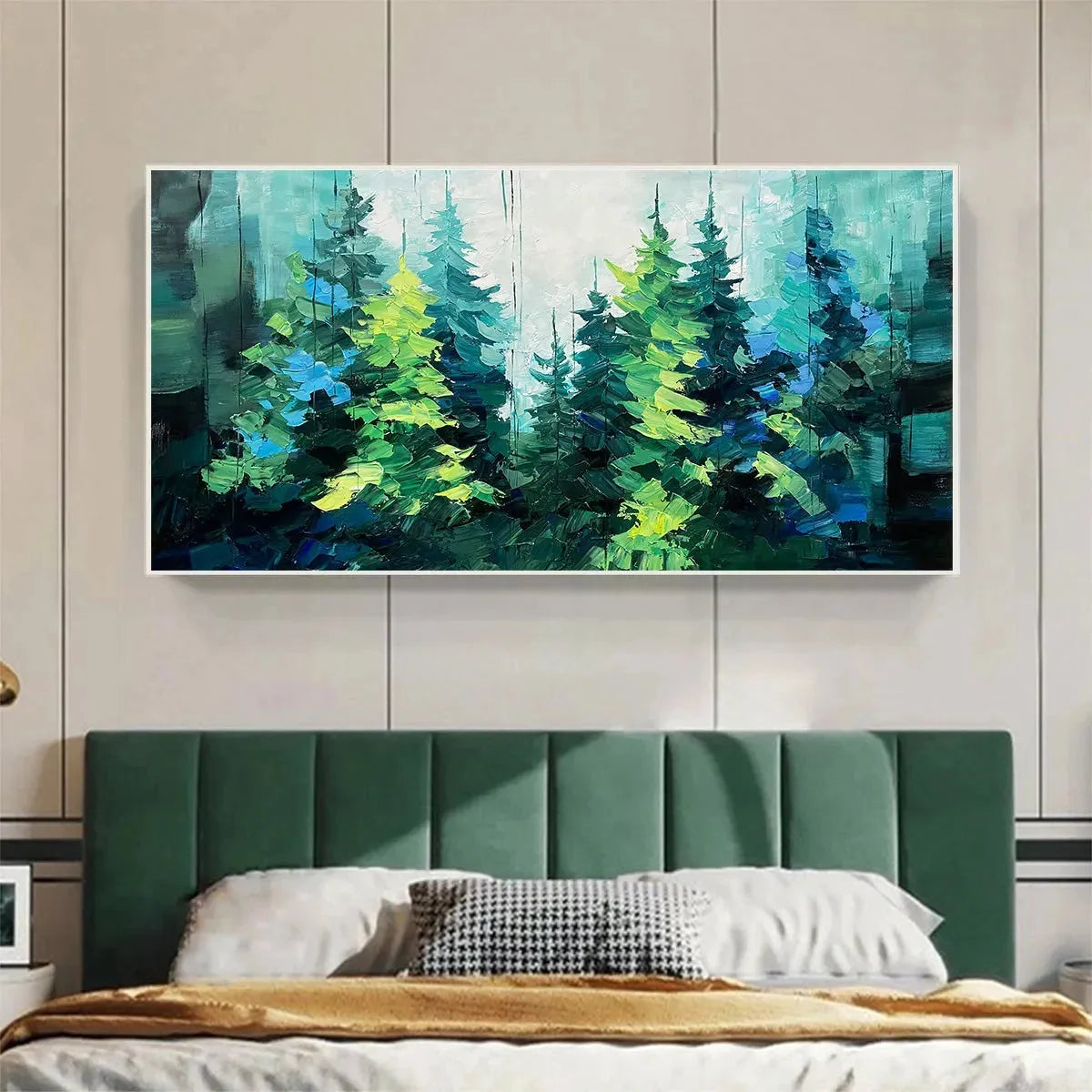 EMERALD FOREST: Panoramic Landscape Painting of an Evergreen Forest, Textured Impasto, Modern Wall Art, Green | gold frame stretched on neutral wall