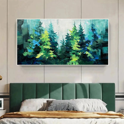 EMERALD FOREST: Panoramic Landscape Painting of an Evergreen Forest, Textured Impasto, Modern Wall Art, Green | gold frame stretched on neutral wall