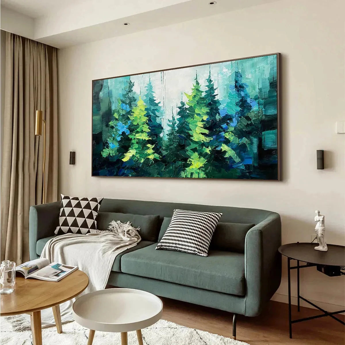 EMERALD FOREST: Panoramic Landscape Painting of an Evergreen Forest, Textured Impasto, Modern Wall Art, Green | rolled canvas, ready for custom framing