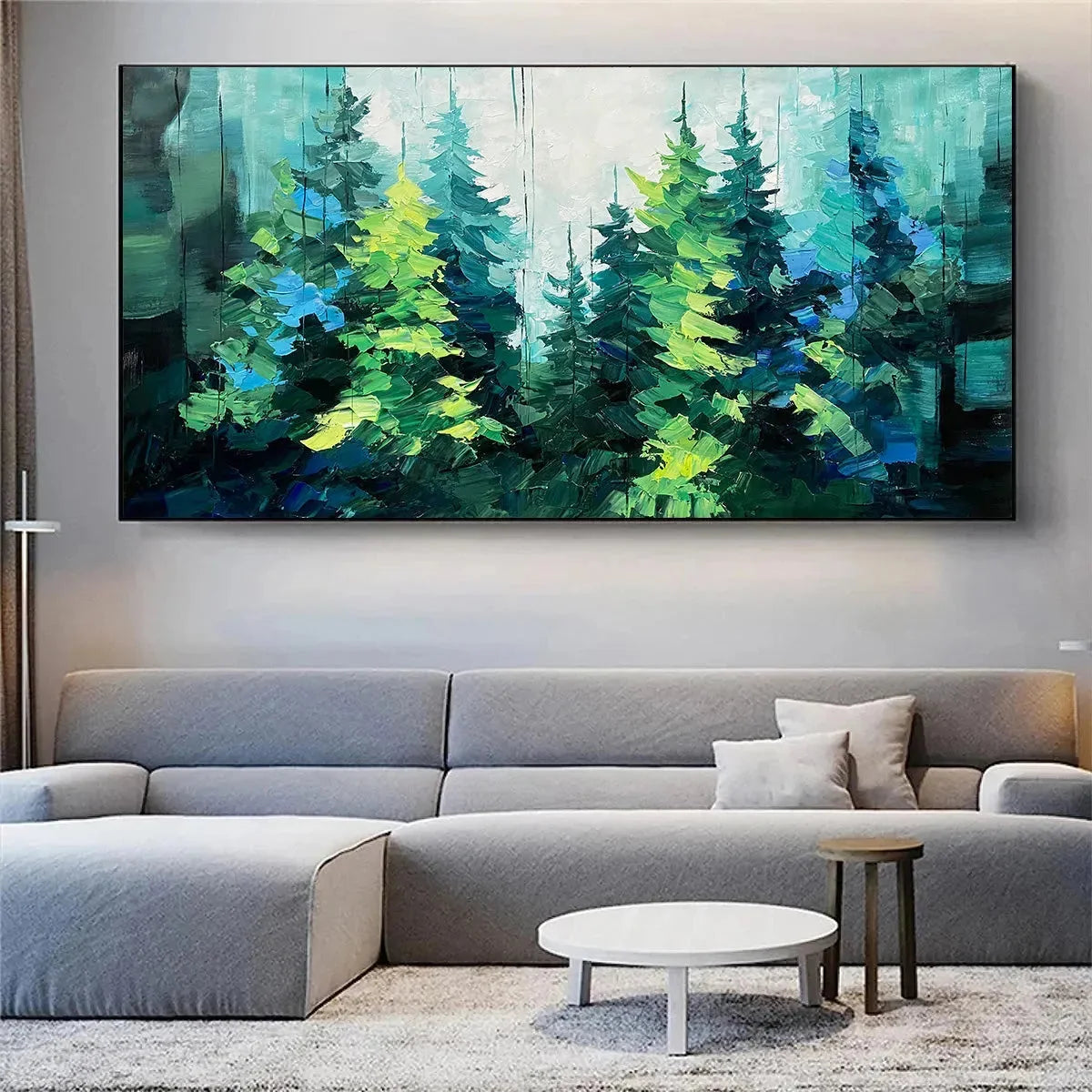 EMERALD FOREST: Panoramic Landscape Painting of an Evergreen Forest, Textured Impasto, Modern Wall Art, Green | Landscape mood, soft natural light studio shot