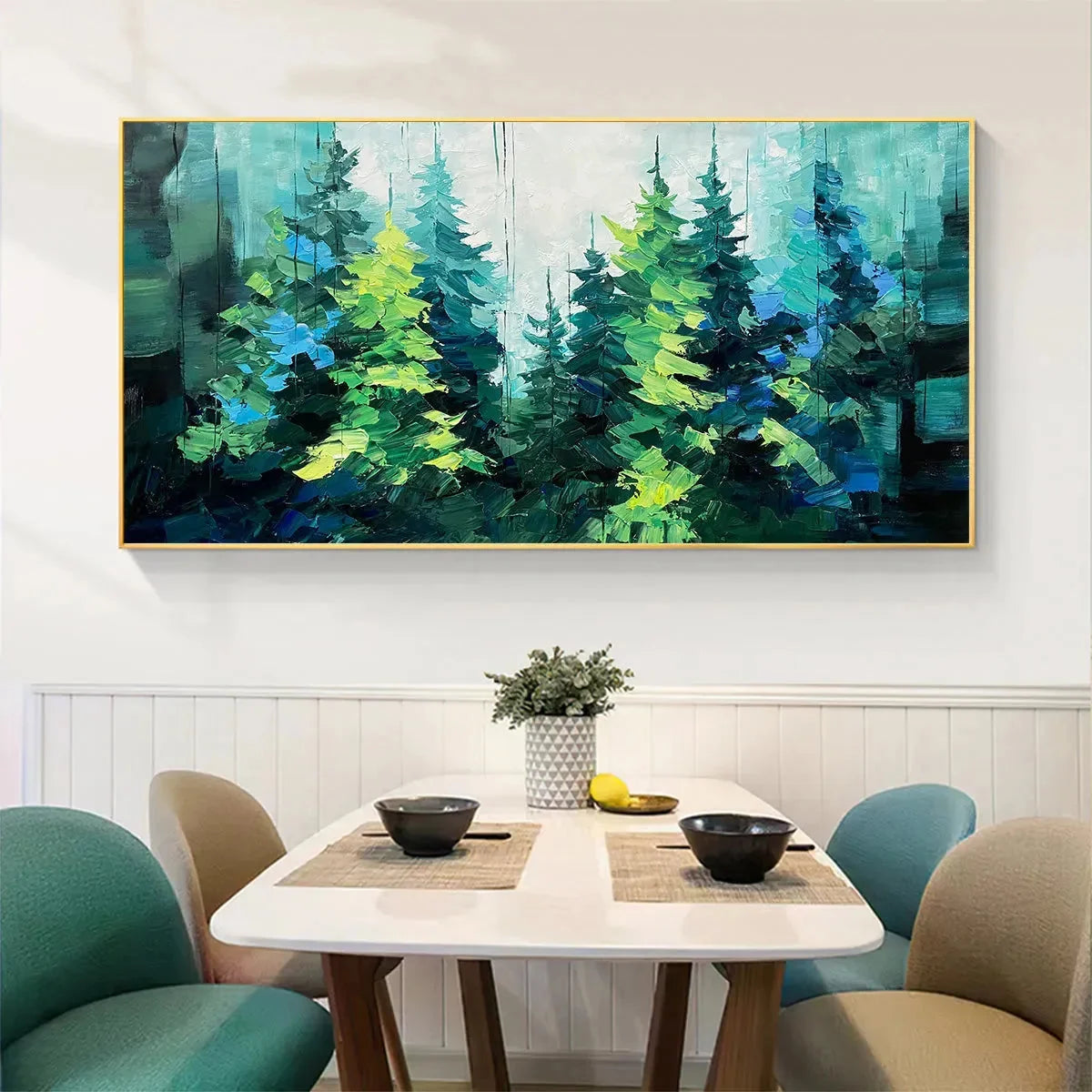 EMERALD FOREST: Panoramic Landscape Painting of an Evergreen Forest, Textured Impasto, Modern Wall Art, Green | green palette, original Hand-painted on premium stretched canvas using artist-grade o...