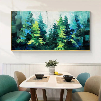 EMERALD FOREST: Panoramic Landscape Painting of an Evergreen Forest, Textured Impasto, Modern Wall Art, Green | green palette, original Hand-painted on premium stretched canvas using artist-grade o...