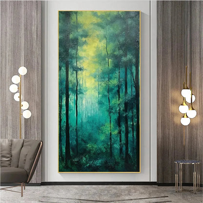 EMERALD FOREST PATH: Vertical Forest Painting, Green Woodland Scene, Nature Wall Art, Living Room | Abstract closeup, raised brushwork detail