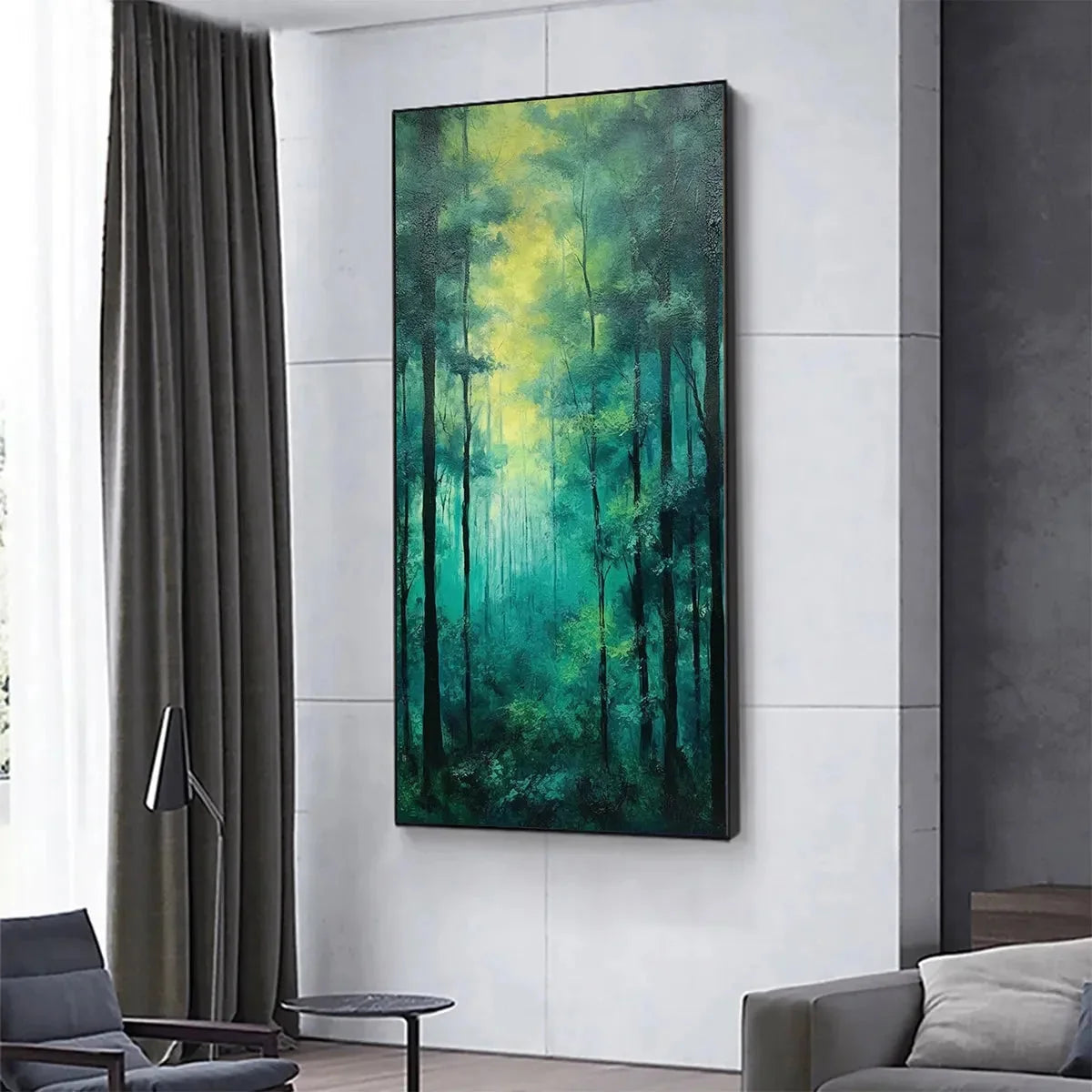 EMERALD FOREST PATH: Vertical Forest Painting, Green Woodland Scene, Nature Wall Art, Living Room | gold frame stretched on neutral wall
