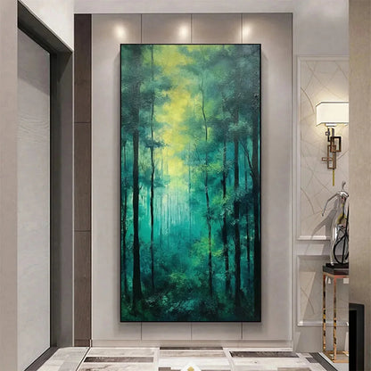 EMERALD FOREST PATH: Vertical Forest Painting, Green Woodland Scene, Nature Wall Art, Living Room | rolled canvas, ready for custom framing