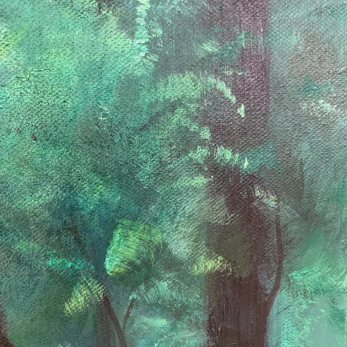 EMERALD FOREST PATH: Vertical Forest Painting, Green Woodland Scene, Nature Wall Art, Living Room | black frame version on white wall