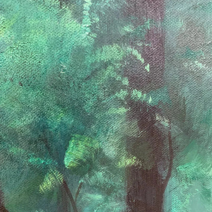 EMERALD FOREST PATH: Vertical Forest Painting, Green Woodland Scene, Nature Wall Art, Living Room | black frame version on white wall