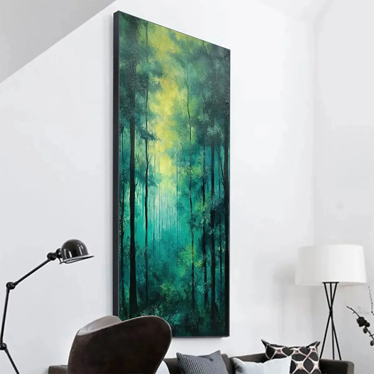 EMERALD FOREST PATH: Vertical Forest Painting, Green Woodland Scene, Nature Wall Art, Living Room | Abstract mood, soft natural light studio shot