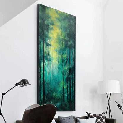 EMERALD FOREST PATH: Vertical Forest Painting, Green Woodland Scene, Nature Wall Art, Living Room | Abstract mood, soft natural light studio shot