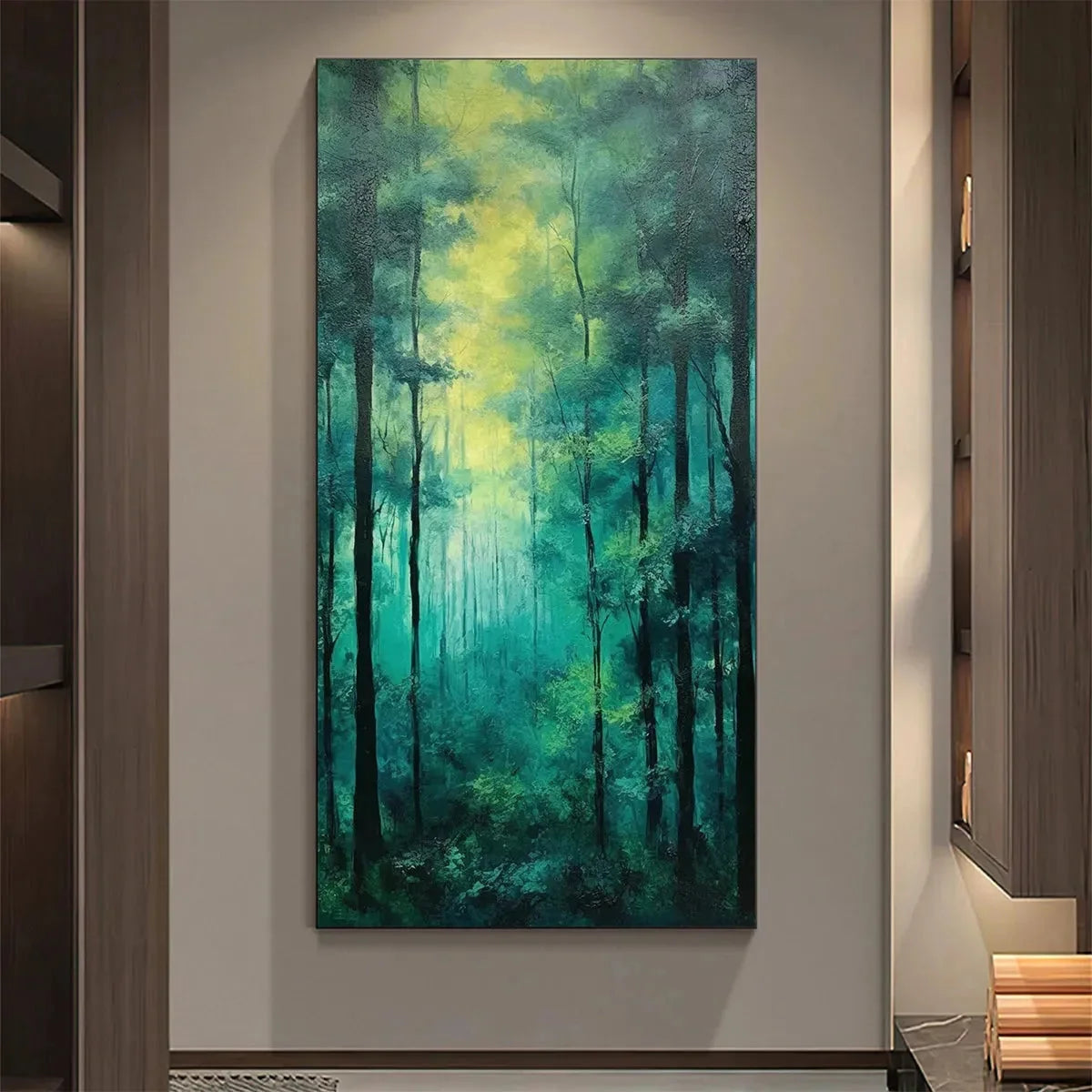 EMERALD FOREST PATH: Vertical Forest Painting, Green Woodland Scene, Nature Wall Art, Living Room | green palette, original Hand-painted on premium stretched canvas using artist-grade oils; rich la...