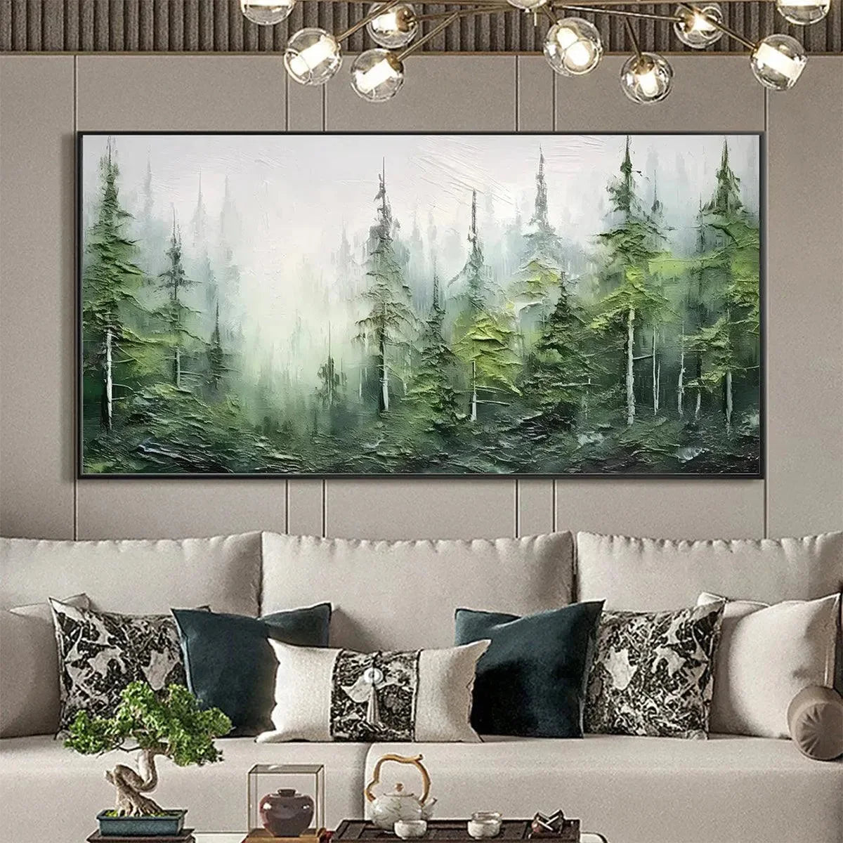 EMERALD FOREST: Textured Atmospheric Forest Landscape Painting | rectangular format, hand-painted canvas edge