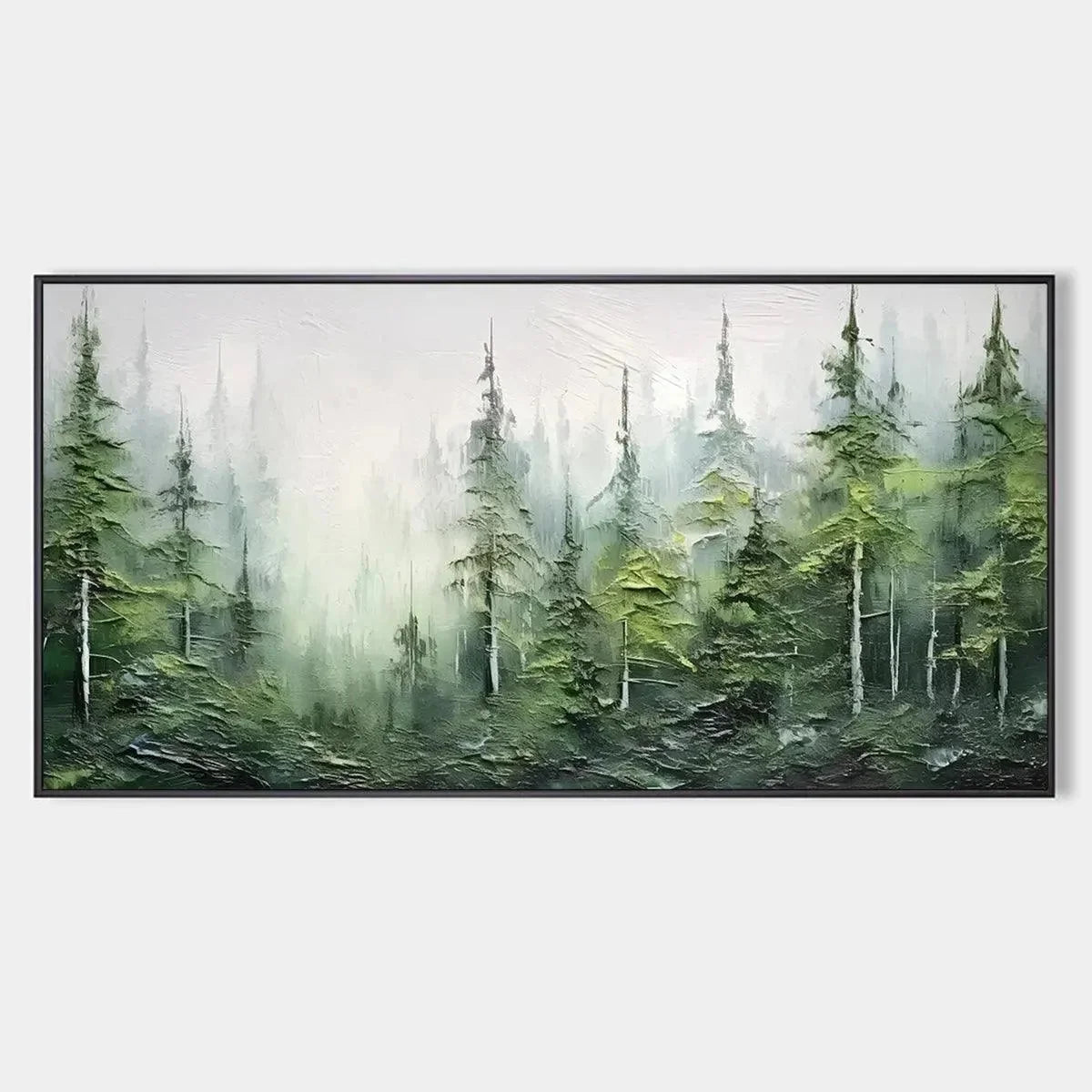 EMERALD FOREST: Textured Atmospheric Forest Landscape Painting | hanging in EMERALD FOREST: Textured Atmospheric Forest Landscape Painting featuring layered textured brushwork in refined tones; lan...