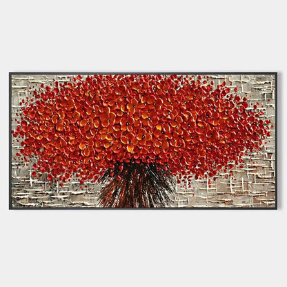 CRIMSON BURST: Textured Impasto Floral Painting in Red | hanging in CRIMSON BURST: Textured Impasto Floral Painting in Red featuring layered textured brushwork in refined tones; abstract compositio...
