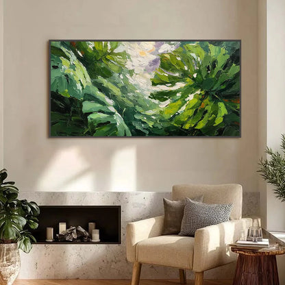 EMERALD GAZE: Textured Palette Knife Painting of Sunlit Tropical Leaves | Abstract closeup, raised brushwork detail