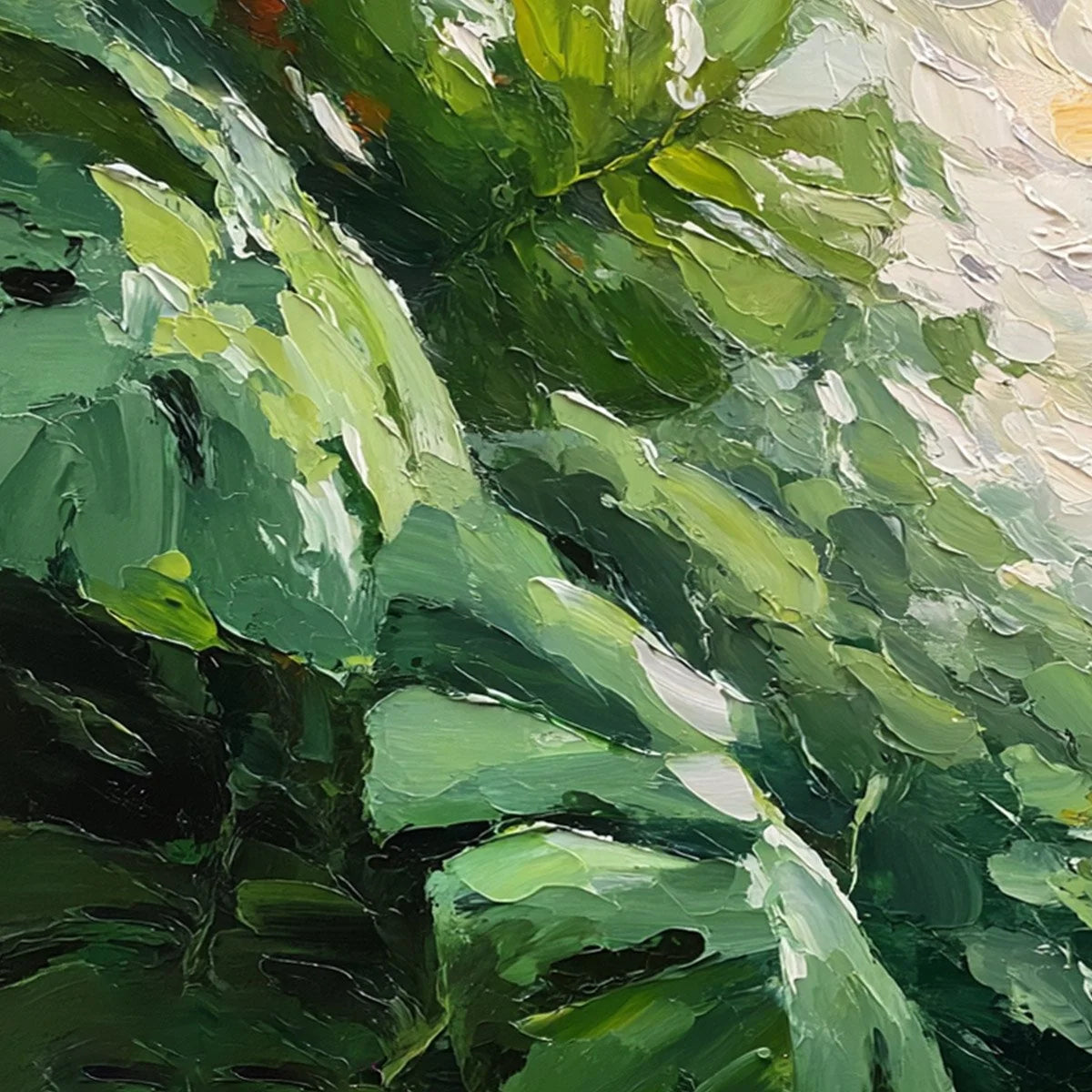 EMERALD GAZE: Textured Palette Knife Painting of Sunlit Tropical Leaves | rectangular format, hand-painted canvas edge